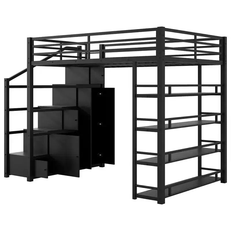 Letto a soppalco in metallo full size con ripiani, letto a soppalco resistente con scalinata, armadi e guardaroba, nero