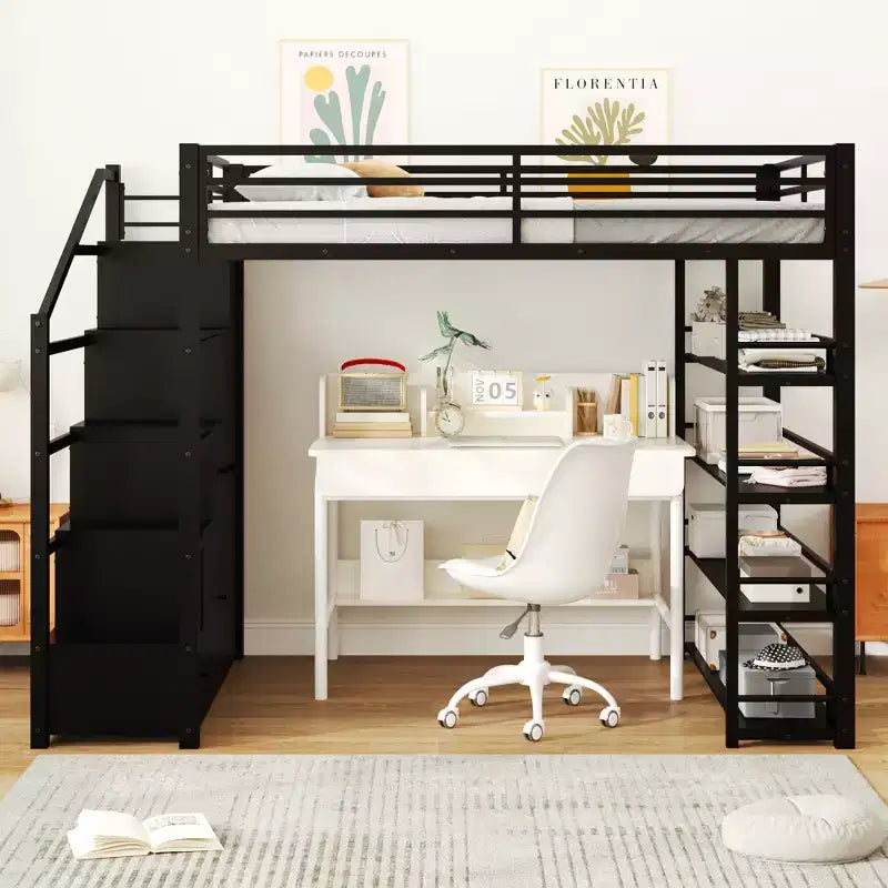 Letto a soppalco in metallo full size con ripiani, letto a soppalco resistente con scalinata, armadi e guardaroba, nero