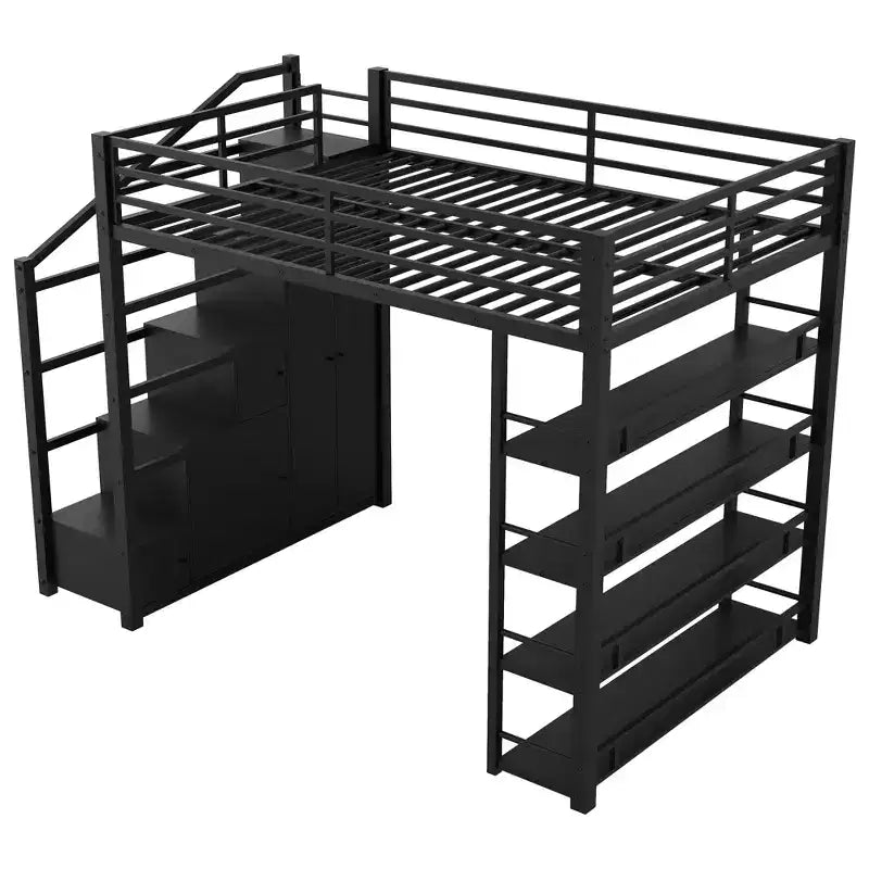 Letto a soppalco in metallo full size con ripiani, letto a soppalco resistente con scalinata, armadi e guardaroba, nero