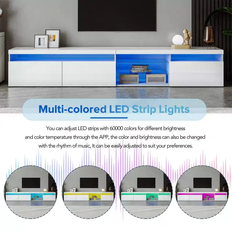 Mobile TV moderno Bestier per TV fino a 105 pollici con 2 ripiani in vetro, console multimediale con vani portaoggetti, mobile TV versatile con luci LED per soggiorno, bianco