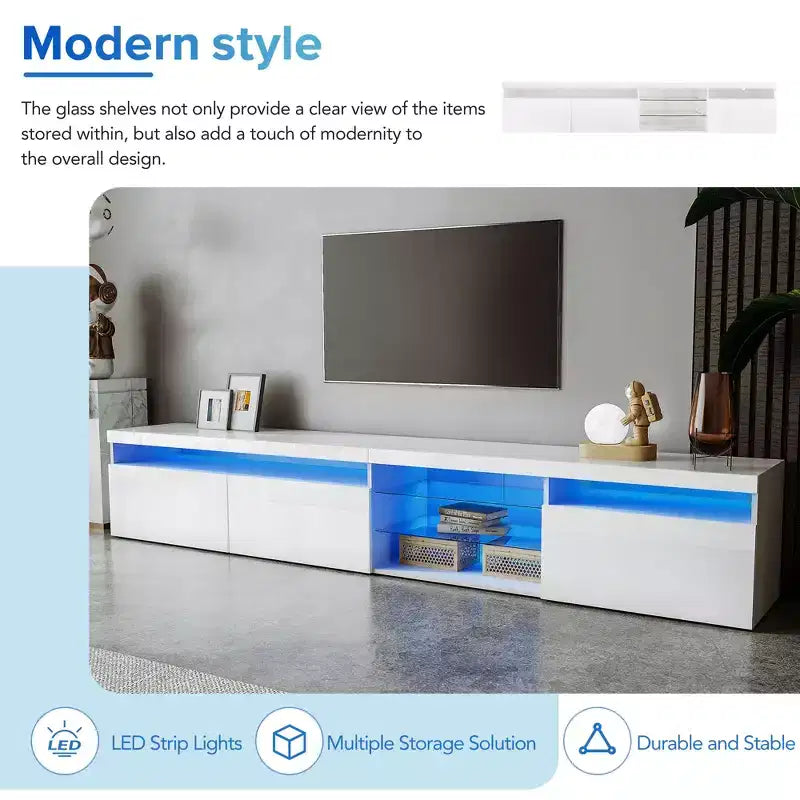 Mobile TV moderno Bestier per TV fino a 105 pollici con 2 ripiani in vetro, console multimediale con vani portaoggetti, mobile TV versatile con luci LED per soggiorno, bianco
