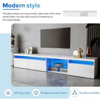 Mobile TV moderno Bestier per TV fino a 105 pollici con 2 ripiani in vetro, console multimediale con vani portaoggetti, mobile TV versatile con luci LED per soggiorno, bianco