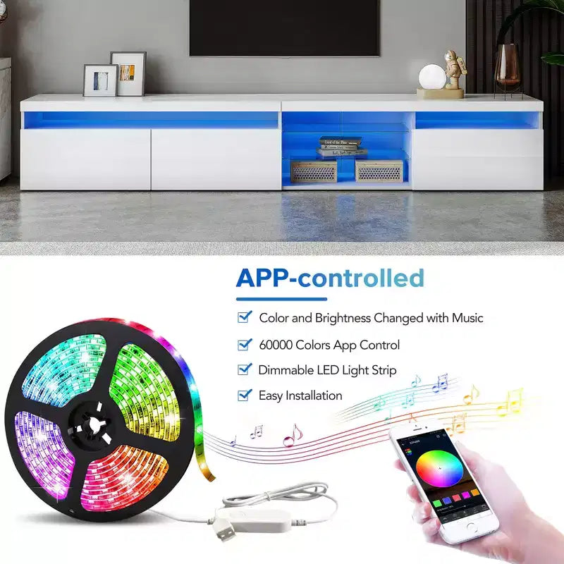 Mobile TV moderno Bestier per TV fino a 105 pollici con 2 ripiani in vetro, console multimediale con vani portaoggetti, mobile TV versatile con luci LED per soggiorno, bianco