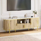 Mobile TV Acekool 70 con piano in finto marmo scanalato, ripiani regolabili e ante scorrevoli, consolle multimediale per TV fino a 80 pollici, blu navy