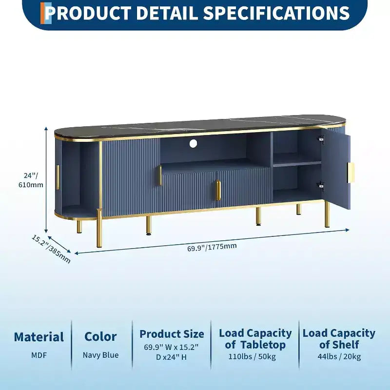 Mobile TV Acekool 70 con piano in finto marmo scanalato, ripiani regolabili e ante scorrevoli, consolle multimediale per TV fino a 80 pollici, blu navy