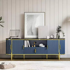 Mobile TV Acekool 70 con piano in finto marmo scanalato, ripiani regolabili e ante scorrevoli, consolle multimediale per TV fino a 80 pollici, blu navy