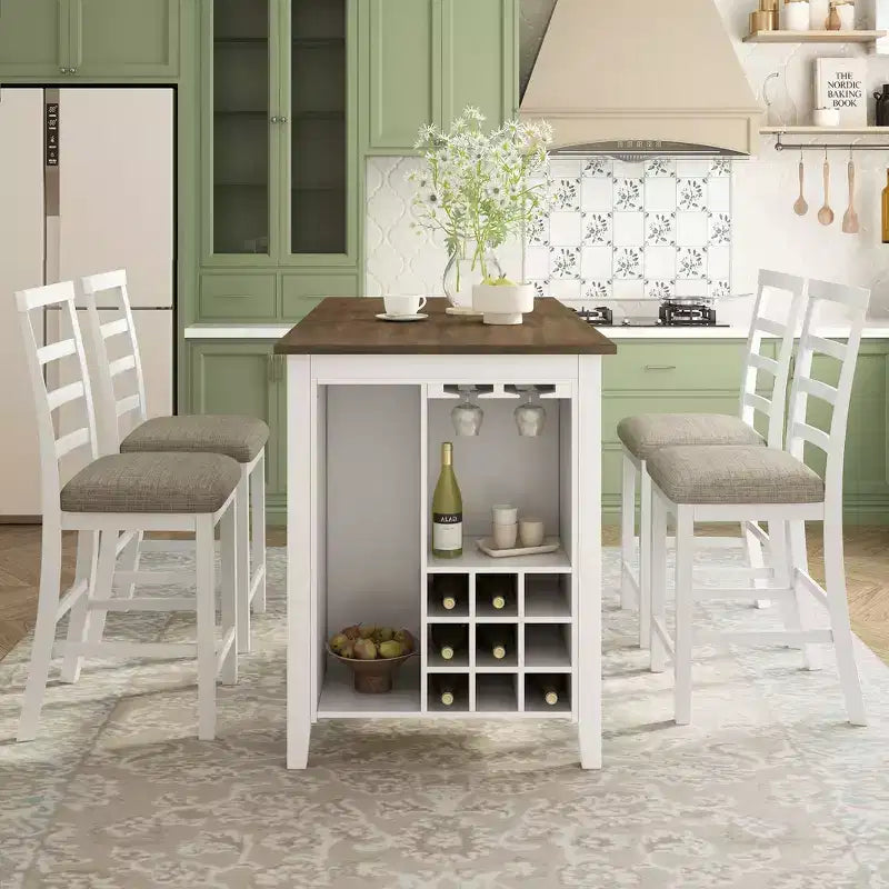 GDFStudio Harry Set da pranzo da 5 pezzi ad altezza bancone con tavolo in legno di gomma e sedie imbottite