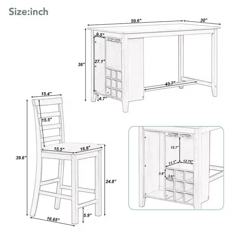 GDFStudio Harry Set da pranzo da 5 pezzi ad altezza bancone con tavolo in legno di gomma e sedie imbottite