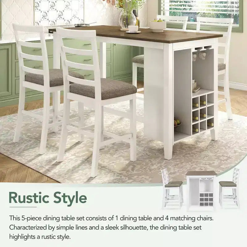 GDFStudio Harry Set da pranzo da 5 pezzi ad altezza bancone con tavolo in legno di gomma e sedie imbottite