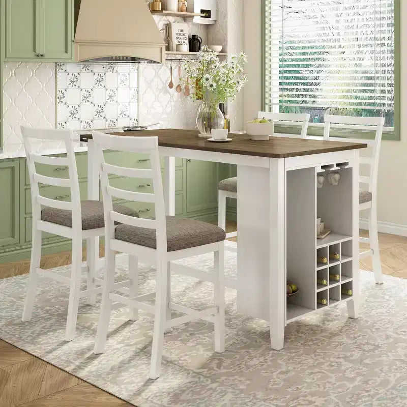 GDFStudio Harry Set da pranzo da 5 pezzi ad altezza bancone con tavolo in legno di gomma e sedie imbottite