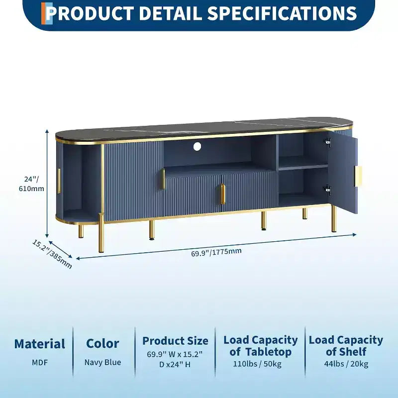 Mobile Porta TV Scanalato, Centro Intrattenimento TV con Top Effetto Marmo, Tavolo Consolle con Ripiani Regolabili Ante Scorrevoli, per Soggiorno, Camera da Letto