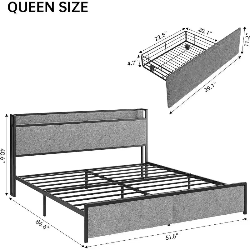 Struttura Letto King Size con 2 Cassetti Contenitore, Letto Imbottito con Testiera, Porta USB e Prese, Nessuna Rete a Molle Necessaria, Facile da Montare