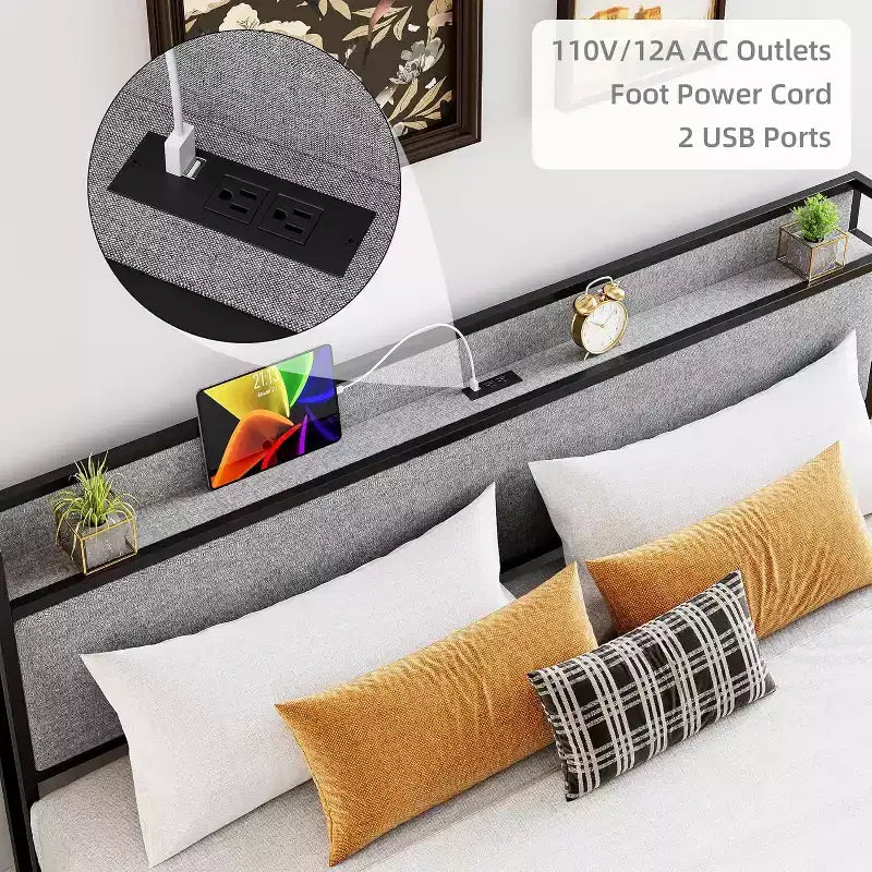 Struttura Letto King Size con 2 Cassetti Contenitore, Letto Imbottito con Testiera, Porta USB e Prese, Nessuna Rete a Molle Necessaria, Facile da Montare
