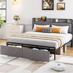 Struttura Letto King Size con 2 Cassetti Contenitore, Letto Imbottito con Testiera, Porta USB e Prese, Nessuna Rete a Molle Necessaria, Facile da Montare