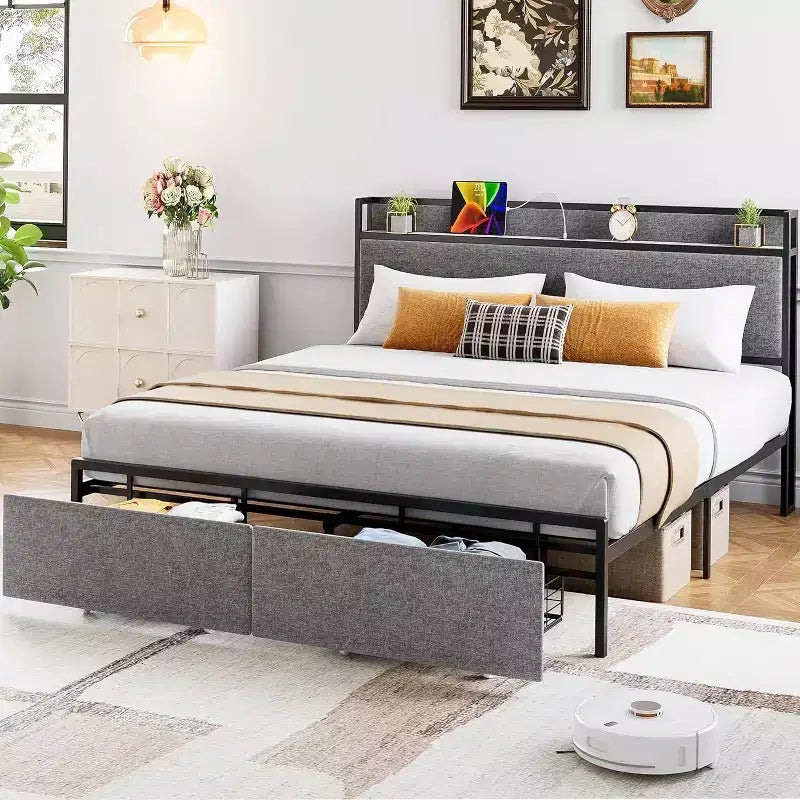Struttura Letto King Size con 2 Cassetti Contenitore, Letto Imbottito con Testiera, Porta USB e Prese, Nessuna Rete a Molle Necessaria, Facile da Montare