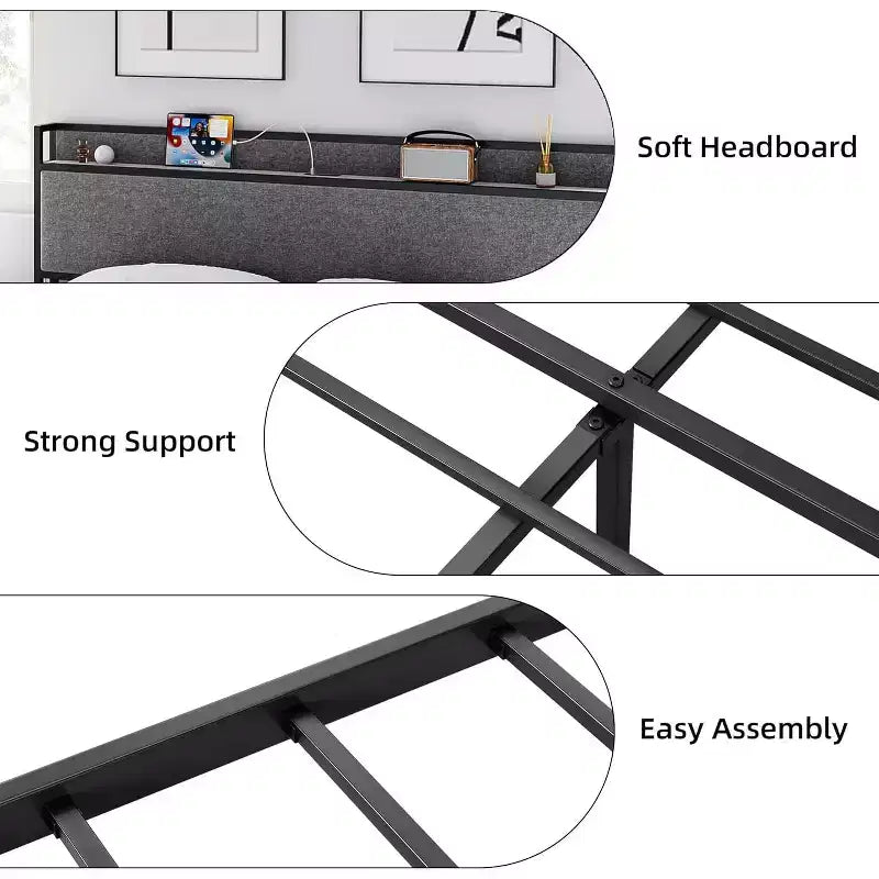Struttura Letto King Size con 2 Cassetti Contenitore, Letto Imbottito con Testiera, Porta USB e Prese, Nessuna Rete a Molle Necessaria, Facile da Montare