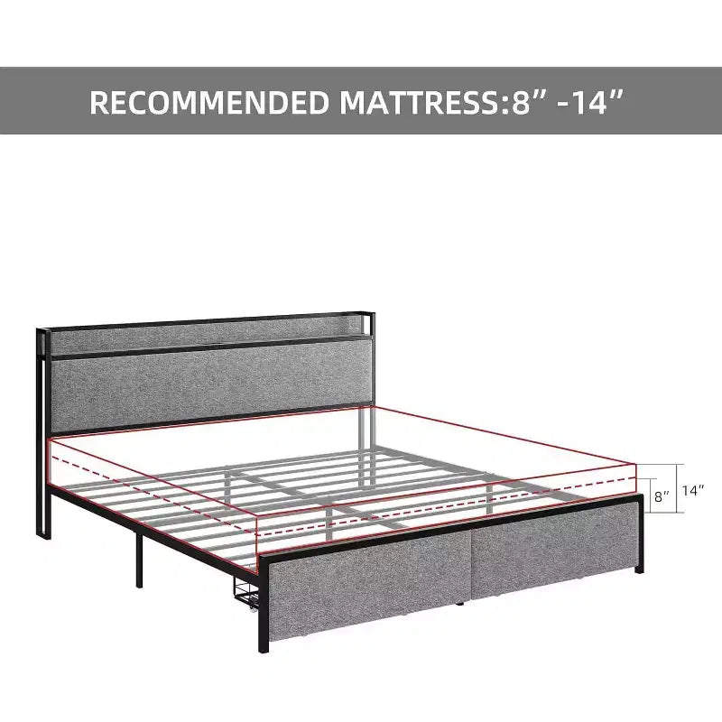 Struttura Letto King Size con 2 Cassetti Contenitore, Letto Imbottito con Testiera, Porta USB e Prese, Nessuna Rete a Molle Necessaria, Facile da Montare
