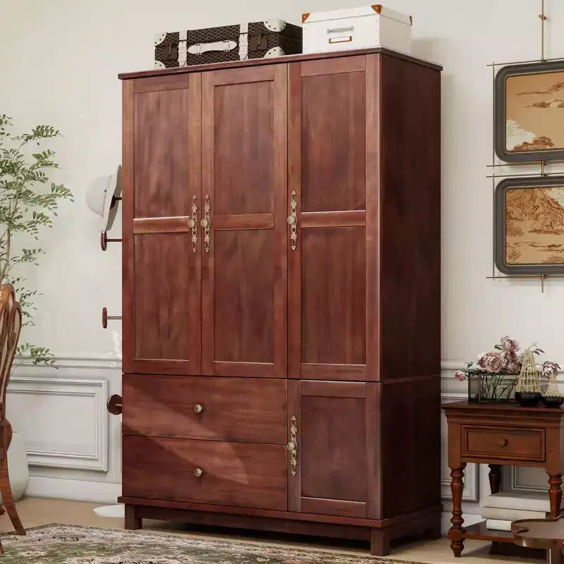 Keloyid Seusar Armadio in legno giallo-brunastro da 117,6 cm con 2 cassetti, asta appendiabiti e ripiani