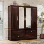 Armadio Keloyid Seusar in Legno Marrone Scuro da 156 cm con 4 Cassetti, 2 Specchi, Asta Appendiabiti e Ripiani