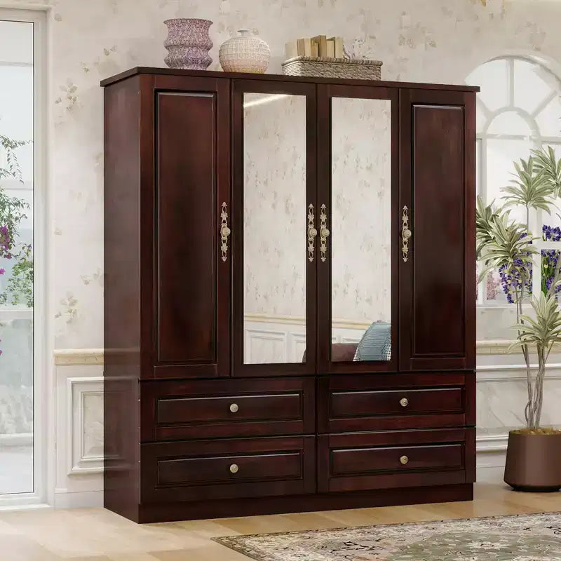 Armadio Keloyid Seusar in Legno Marrone Scuro da 156 cm con 4 Cassetti, 2 Specchi, Asta Appendiabiti e Ripiani