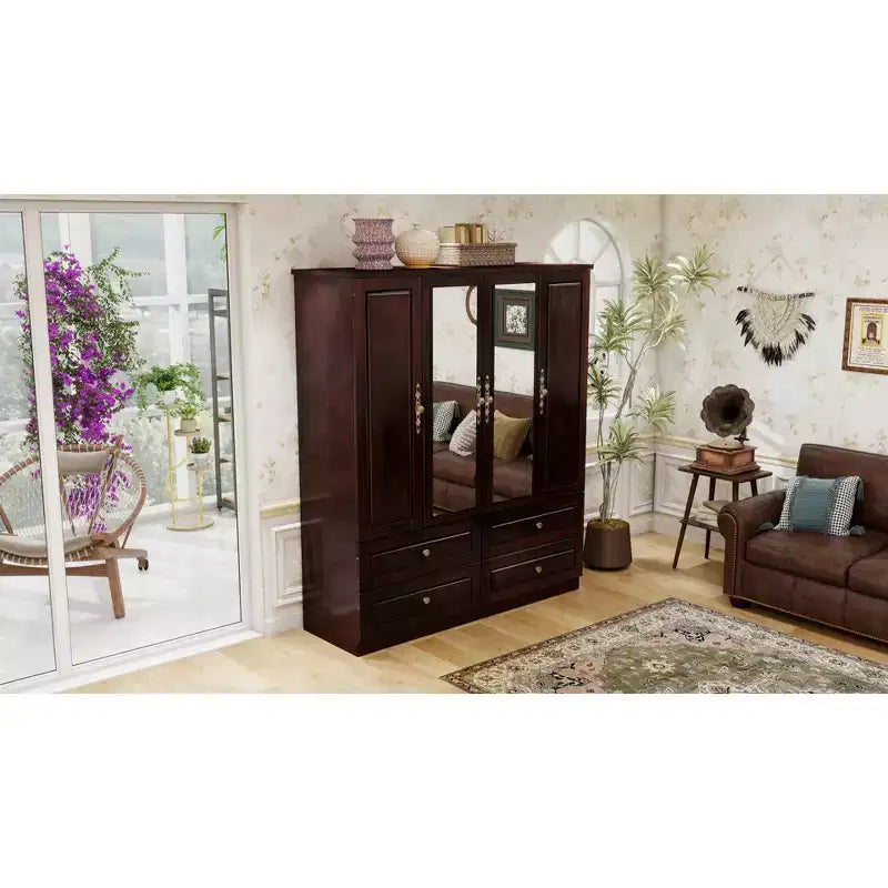 Armadio Keloyid Seusar in Legno Marrone Scuro da 156 cm con 4 Cassetti, 2 Specchi, Asta Appendiabiti e Ripiani