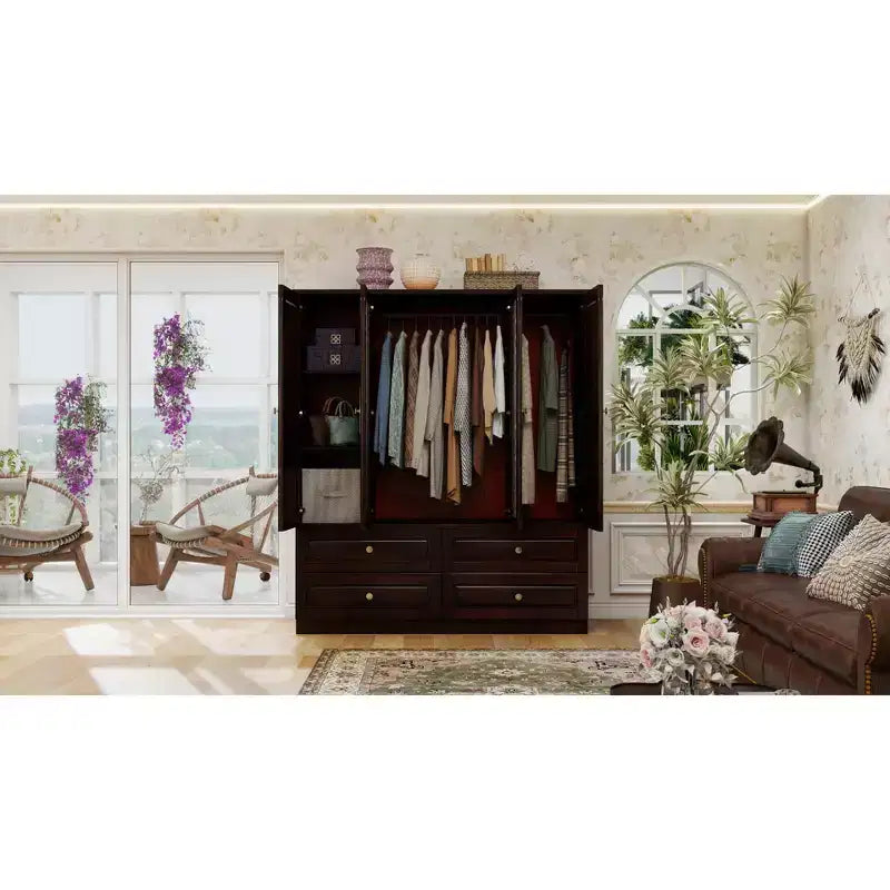 Armadio Keloyid Seusar in Legno Marrone Scuro da 156 cm con 4 Cassetti, 2 Specchi, Asta Appendiabiti e Ripiani