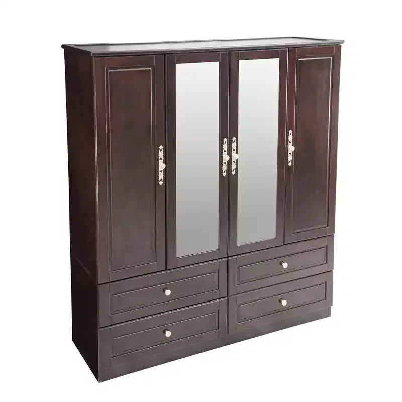 Armadio Keloyid Seusar in Legno Marrone Scuro da 156 cm con 4 Cassetti, 2 Specchi, Asta Appendiabiti e Ripiani