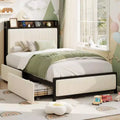 Velvet Twin Size Bed Frame with 2 Storage Drawers, Shelf and Charging Station, Rustic Upholstered Platform Bedframe, No Box Spring Needed, Noise Free