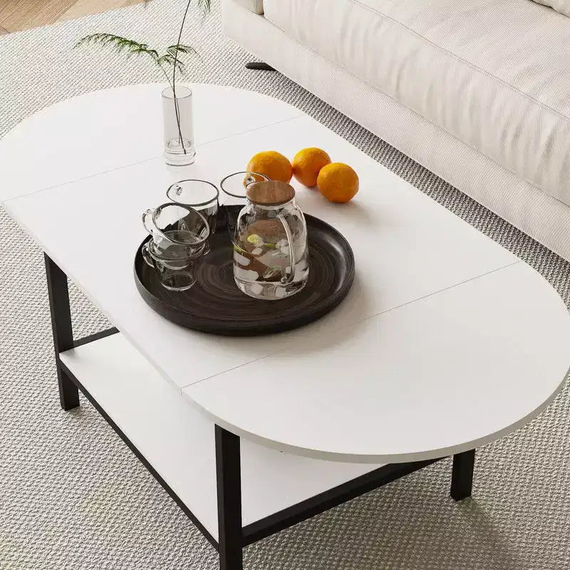 Famapy Tavolino da caffè trasformabile contemporaneo, estensibile da quadrato a ovale, con ripiano portaoggetti, regolabile e salvaspazio per soggiorno