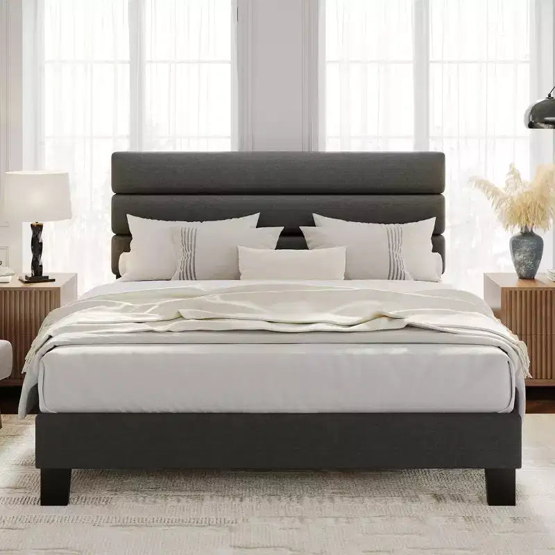 Heavy Duty Bed Frame with Adjustable Headboard, Fabric Upholstered and Wooden Slats Support, No Box Spring Needed