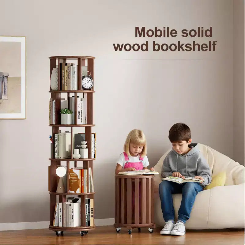 Scaffale Girevole Okak 360 con Ruote, Libreria Sottile in Legno Massiccio a 5 Livelli, Vetrina per Soggiorno, Ufficio, Camera da Letto, Noce