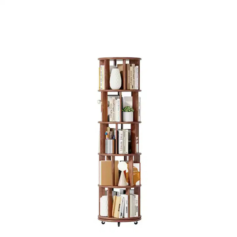 Scaffale Girevole Okak 360 con Ruote, Libreria Sottile in Legno Massiccio a 5 Livelli, Vetrina per Soggiorno, Ufficio, Camera da Letto, Noce