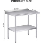 Acekool Banco da Lavoro Professionale in Acciaio Inossidabile con Alzatina, Tavolo da Lavoro Resistente 91x61 cm, Ripiano Inferiore Regolabile, per Cucina Commerciale, Ristorante, Garage