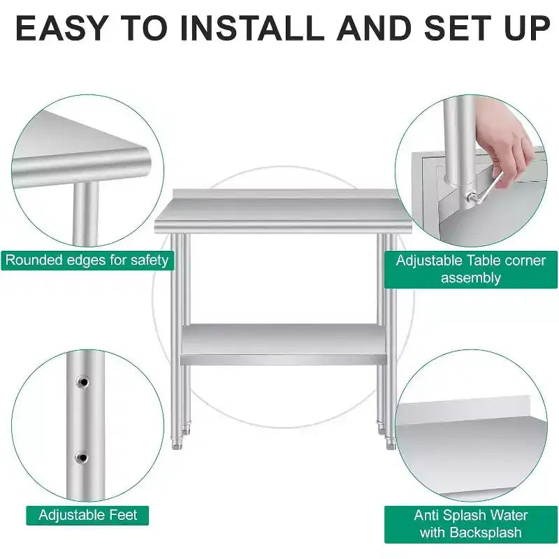 Acekool Banco da Lavoro Professionale in Acciaio Inossidabile con Alzatina, Tavolo da Lavoro Resistente 91x61 cm, Ripiano Inferiore Regolabile, per Cucina Commerciale, Ristorante, Garage