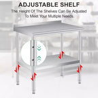Acekool Banco da Lavoro Professionale in Acciaio Inossidabile con Alzatina, Tavolo da Lavoro Resistente 91x61 cm, Ripiano Inferiore Regolabile, per Cucina Commerciale, Ristorante, Garage