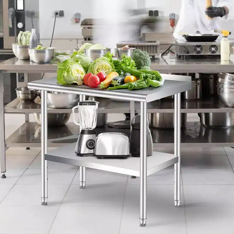 Acekool Banco da Lavoro Professionale in Acciaio Inossidabile con Alzatina, Tavolo da Lavoro Resistente 91x61 cm, Ripiano Inferiore Regolabile, per Cucina Commerciale, Ristorante, Garage