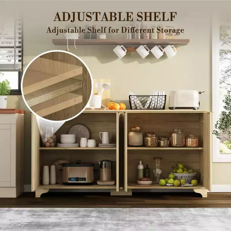 Credenza, mobile a buffet - Sunvasagoo con 4 ante scanalate, ripiani regolabili, mobile contenitore rustico per cucina, soggiorno, angolo caffè