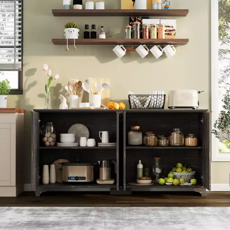 Credenza, mobile a buffet - Sunvasagoo con 4 ante scanalate, ripiani regolabili, mobile contenitore rustico per cucina, soggiorno, angolo caffè