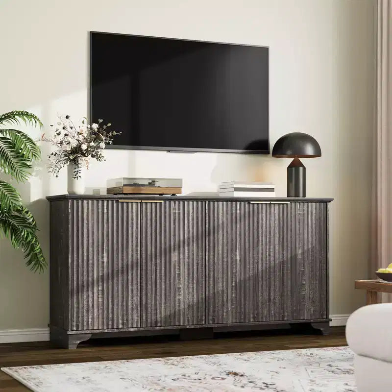 Credenza, mobile a buffet - Sunvasagoo con 4 ante scanalate, ripiani regolabili, mobile contenitore rustico per cucina, soggiorno, angolo caffè