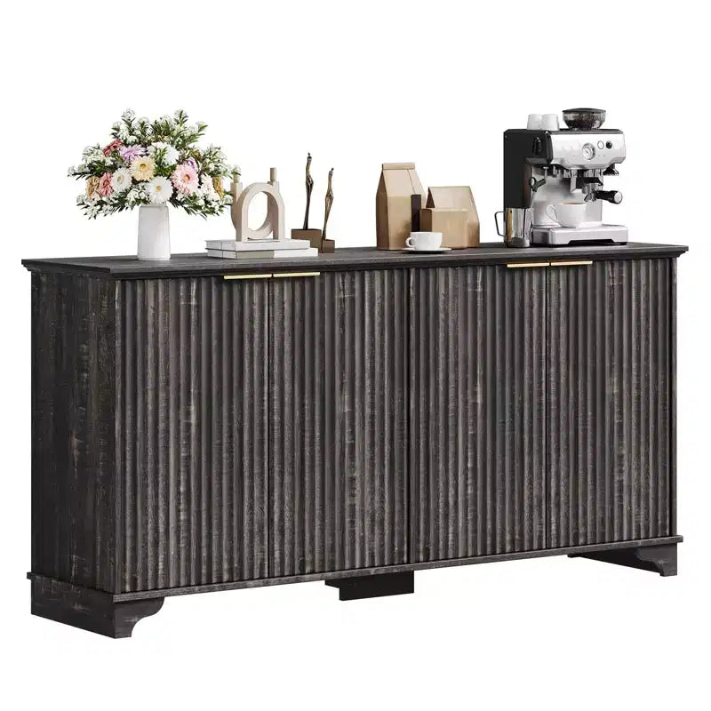 Sideboard, Buffet Cabinet - Sunvasagoo with 4 Fluted Doors, Adjustable Shelves, Farmhouse Storage for Kitchen, Living Room, Coffee Bar
