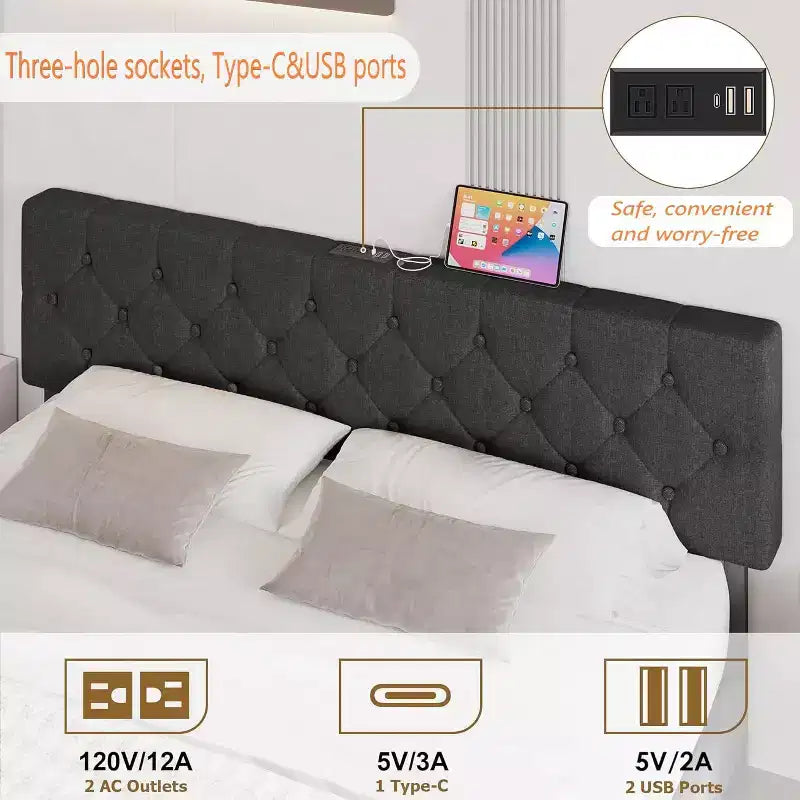 TROPOW Letto Matrimoniale Queen Size con Telaio in Metallo, Grigio Scuro, con Porte USB e Testiera Regolabile, Non Richiede Rete a Molle (1 Pezzo)