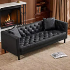 Divano in pelle da 78 pollici, divano a 3 posti con bottoni trapuntati a mano, divano Chesterfield con seduta profonda e 2 cuscini, divano in pelle, nero antracite