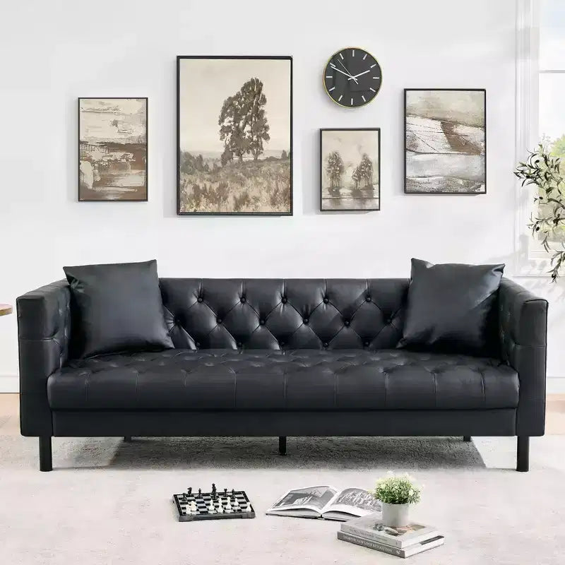 Divano in pelle da 78 pollici, divano a 3 posti con bottoni trapuntati a mano, divano Chesterfield con seduta profonda e 2 cuscini, divano in pelle, nero antracite