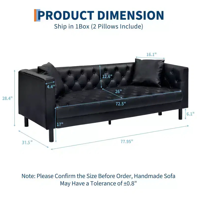 Divano in pelle da 78 pollici, divano a 3 posti con bottoni trapuntati a mano, divano Chesterfield con seduta profonda e 2 cuscini, divano in pelle, nero antracite