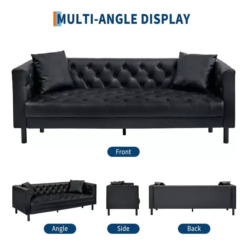 Divano in pelle da 78 pollici, divano a 3 posti con bottoni trapuntati a mano, divano Chesterfield con seduta profonda e 2 cuscini, divano in pelle, nero antracite