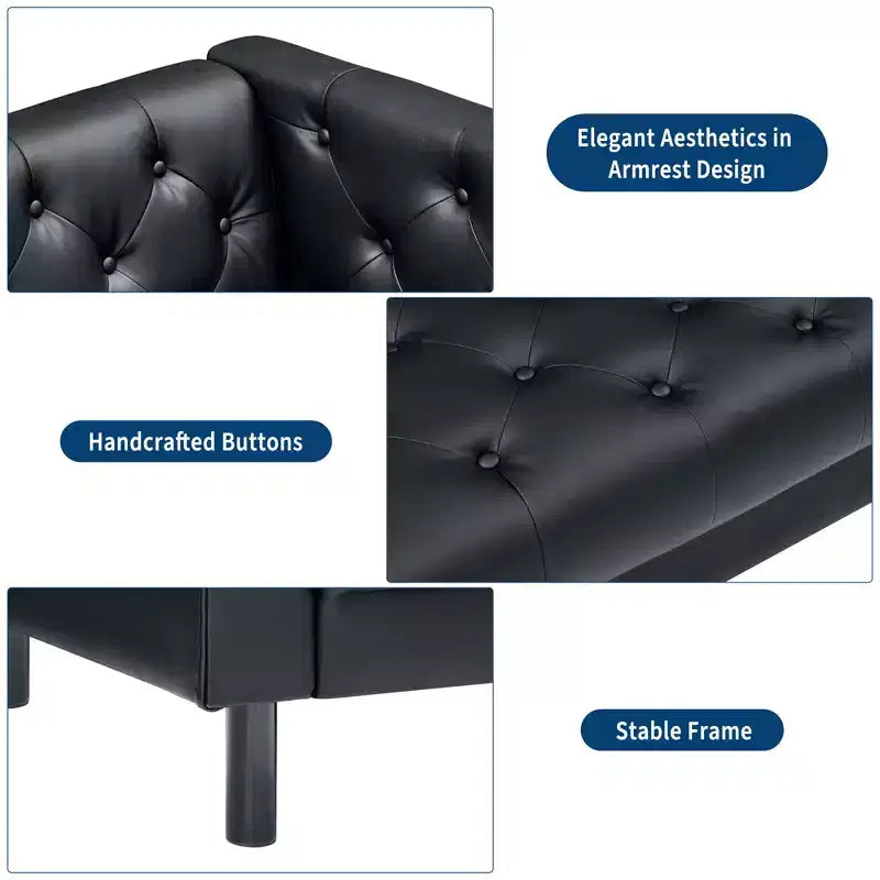 Divano in pelle da 78 pollici, divano a 3 posti con bottoni trapuntati a mano, divano Chesterfield con seduta profonda e 2 cuscini, divano in pelle, nero antracite