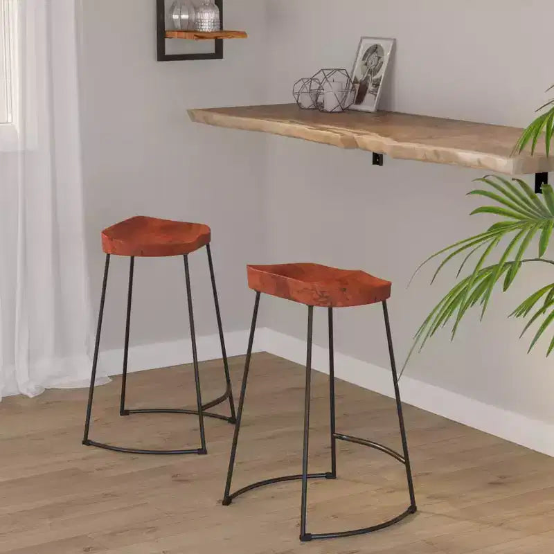 Sgabelli da Bar CLIHOME in Legno Massello e Struttura in Metallo, Sedie Vintage per Isola Cucina per la Casa (Set da 2)