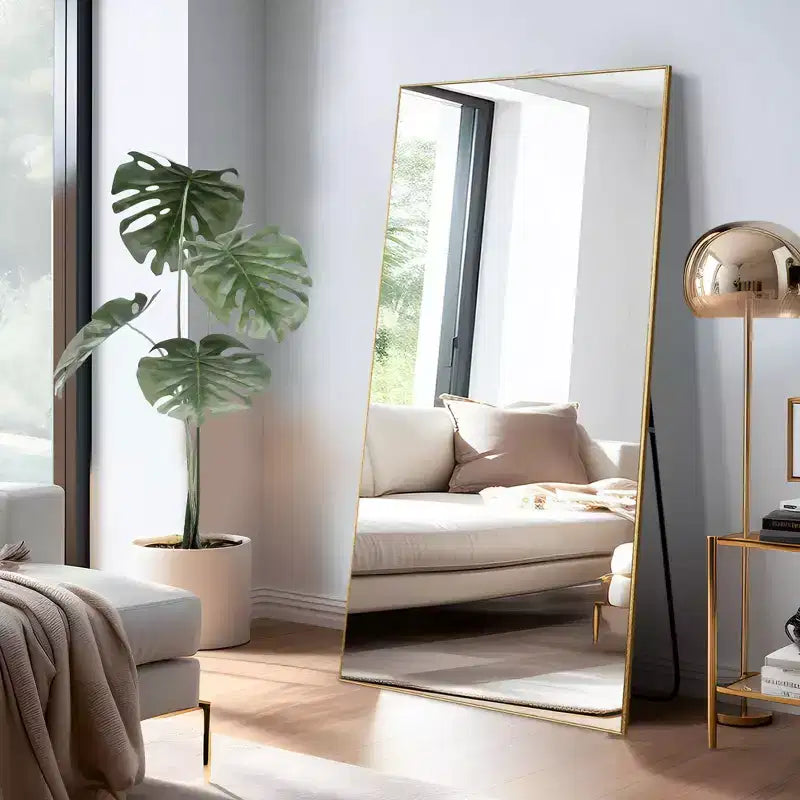 MAYEERTY Specchio a figura intera da 59 pollici, con cornice rettangolare in lega di alluminio e supporto, colore oro