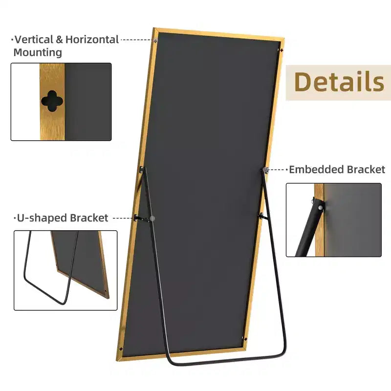 MAYEERTY Specchio a figura intera da 59 pollici, con cornice rettangolare in lega di alluminio e supporto, colore oro