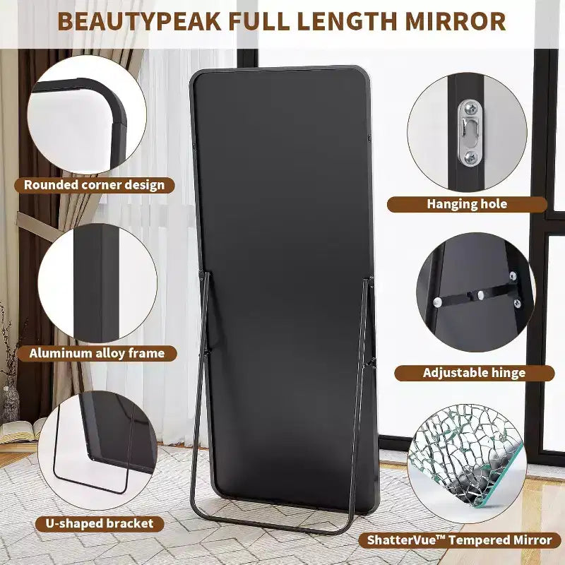 Specchio a figura intera 66 x 23 con angoli arrotondati, specchio da terra da appoggiare, appendere o inclinare per camera da letto o spogliatoio